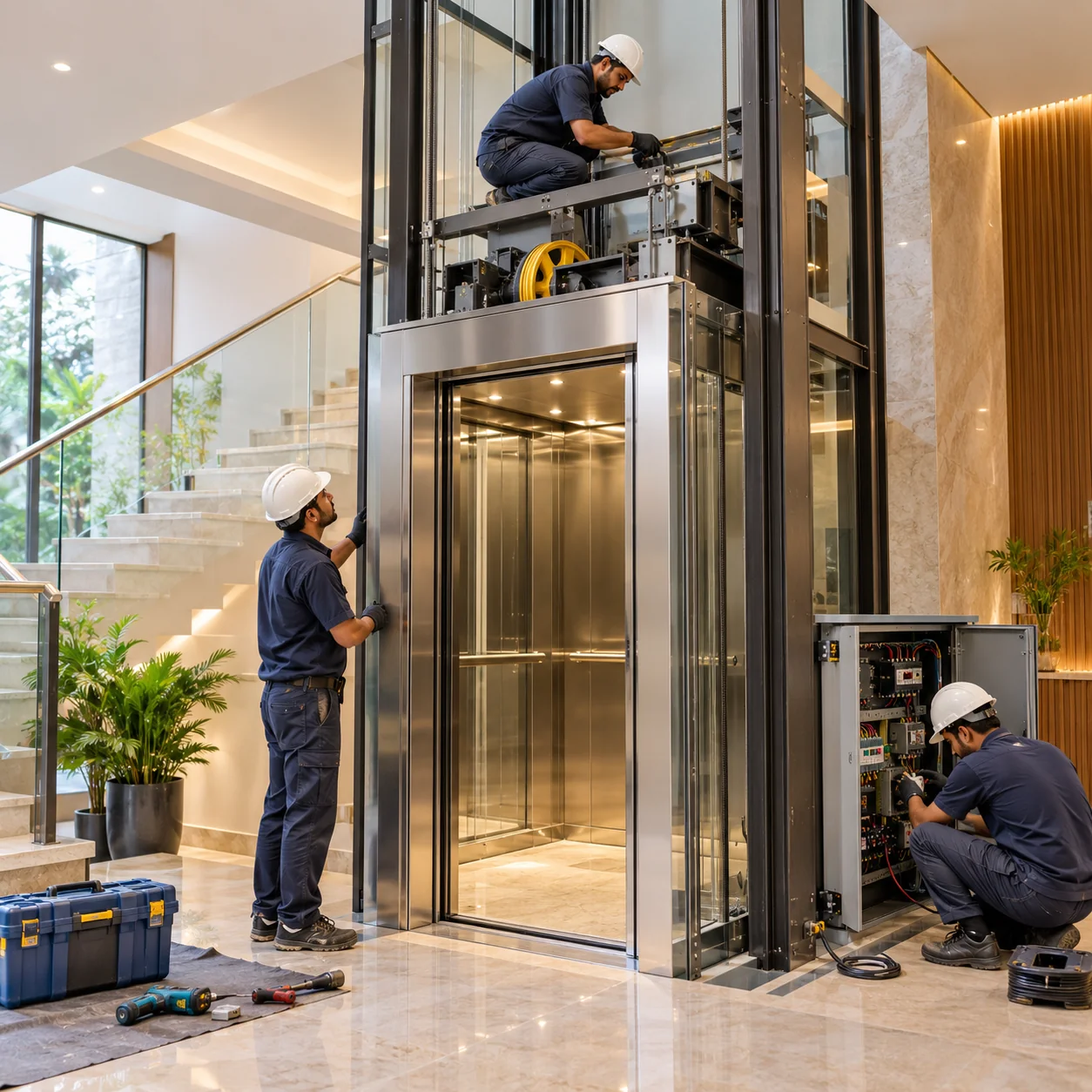 Eider Elevators technicians working on a lift installation and service in Bangalore