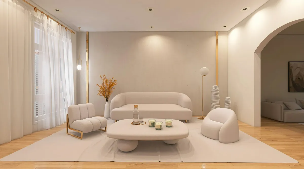 Modern living room with beige sofa, round table and curtains