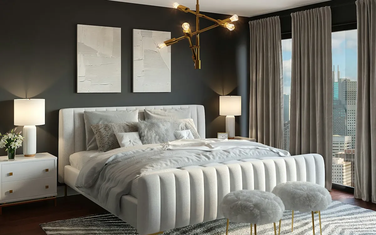 Modern bedroom with a tufted bed, gold pendant light and large window