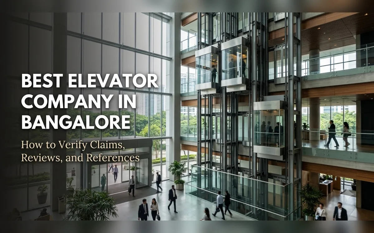 Modern atrium with glass lifts and walkways in a large Bangalore building