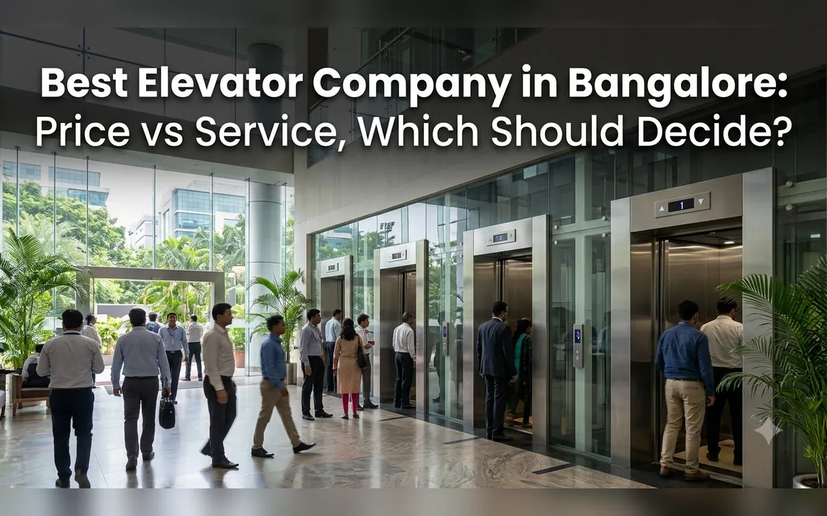 Office lift lobby in Bangalore with many people waiting for glass-fronted lifts
