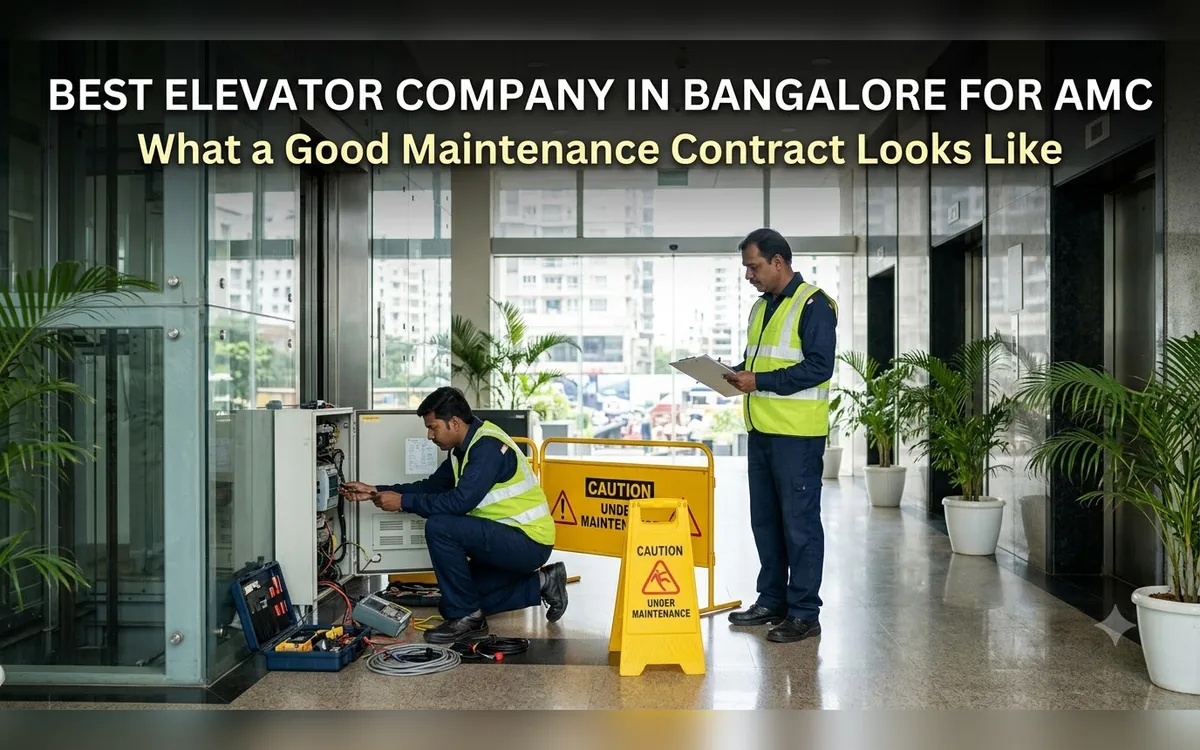 Lift technician servicing a control panel next to a caution sign in a Bangalore building lobby