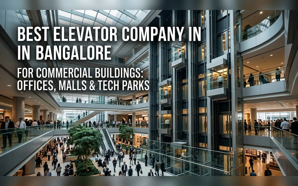 Busy mall atrium in Bangalore with glass lifts, escalators and many people