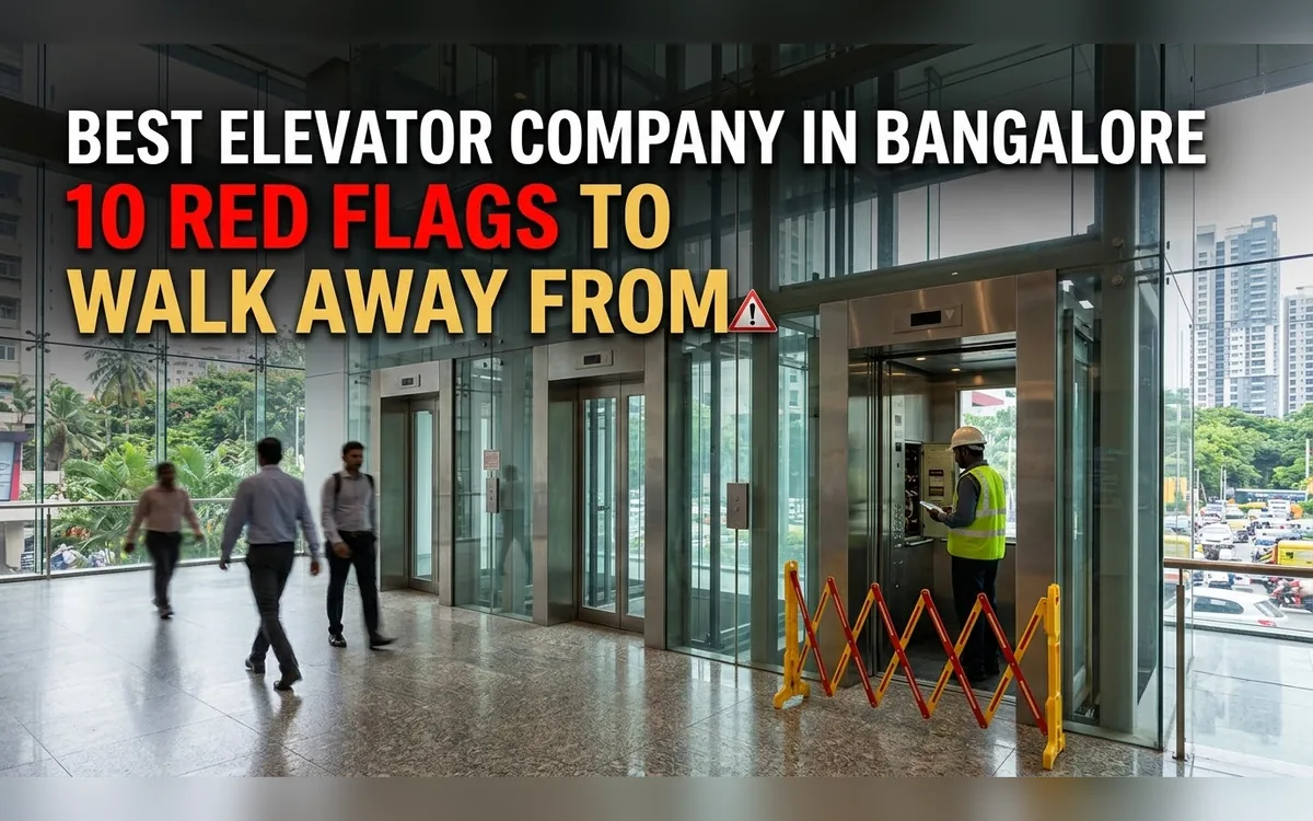 A technician placing a safety barrier near a lift while office workers walk by