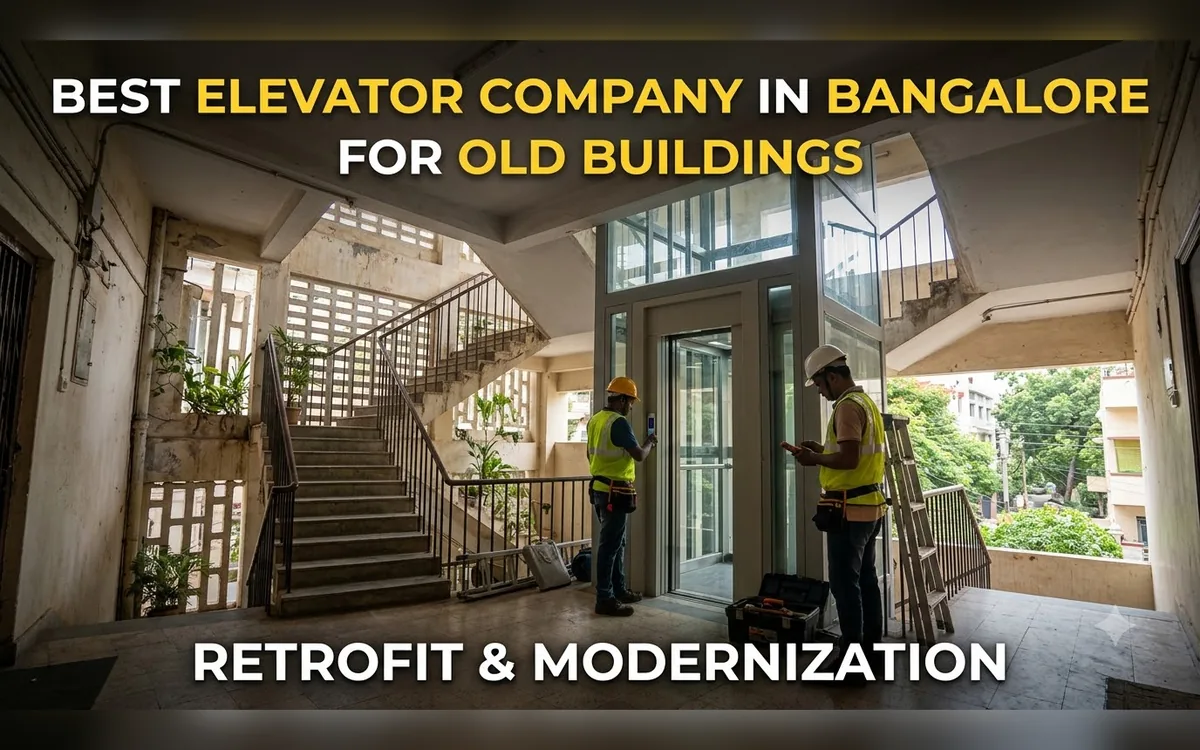 Technicians installing a glass lift inside the stairwell of an older Bangalore building