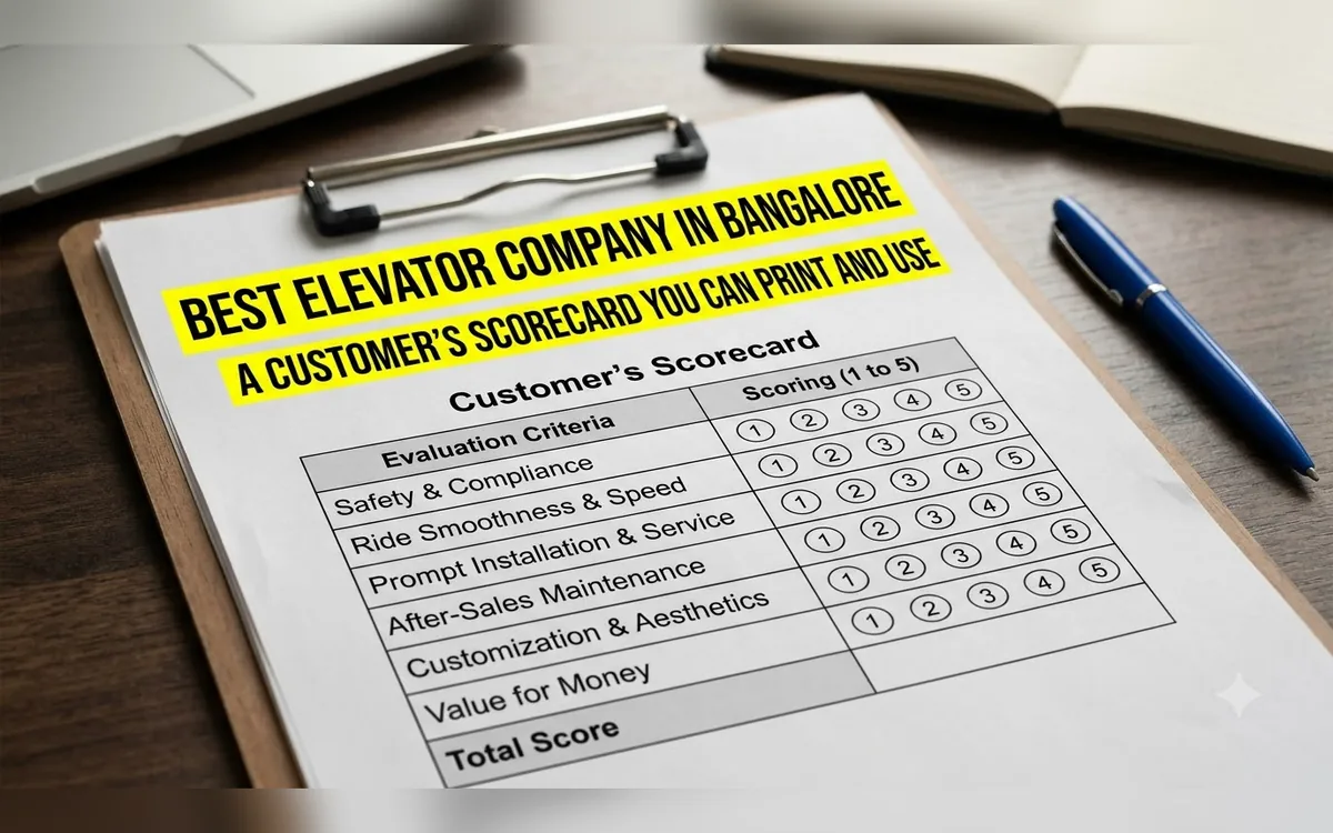 Printed customer scorecard on a clipboard for rating an elevator company