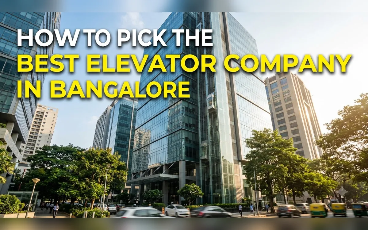 Glass office towers and tree-lined road in Bangalore under a bright sky