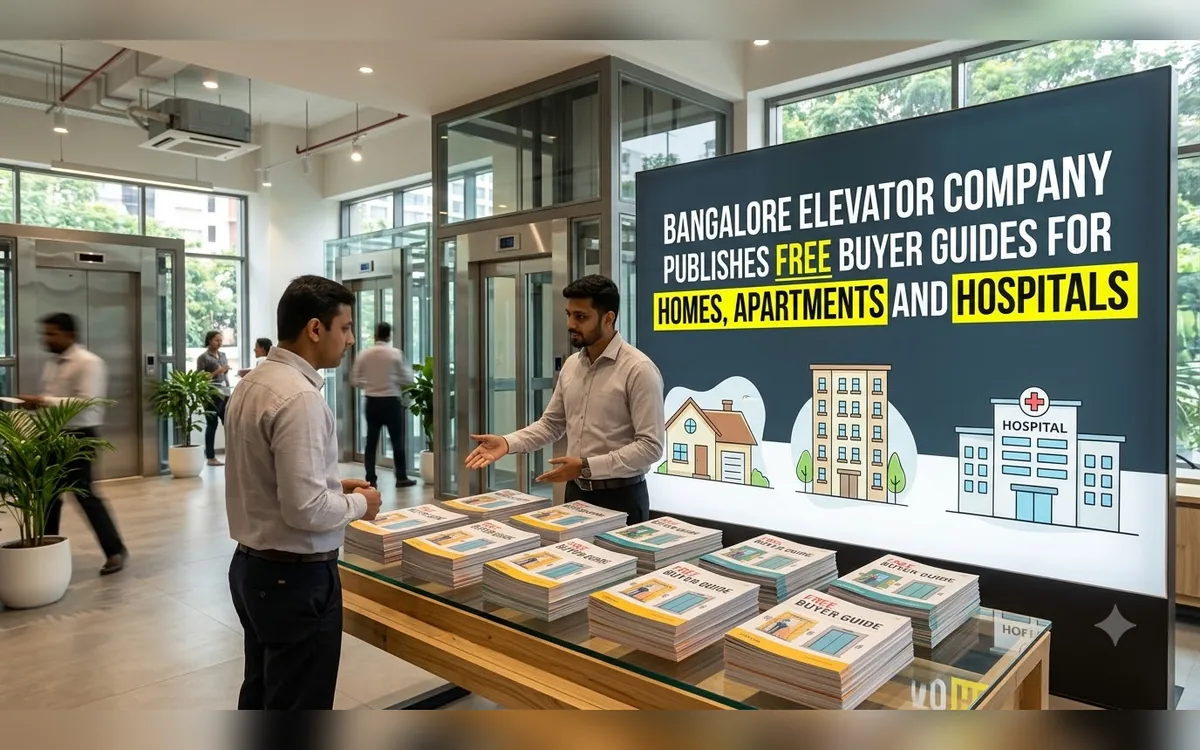 Two professionals discussing free buyer guides displayed on a table in a lobby with glass lifts