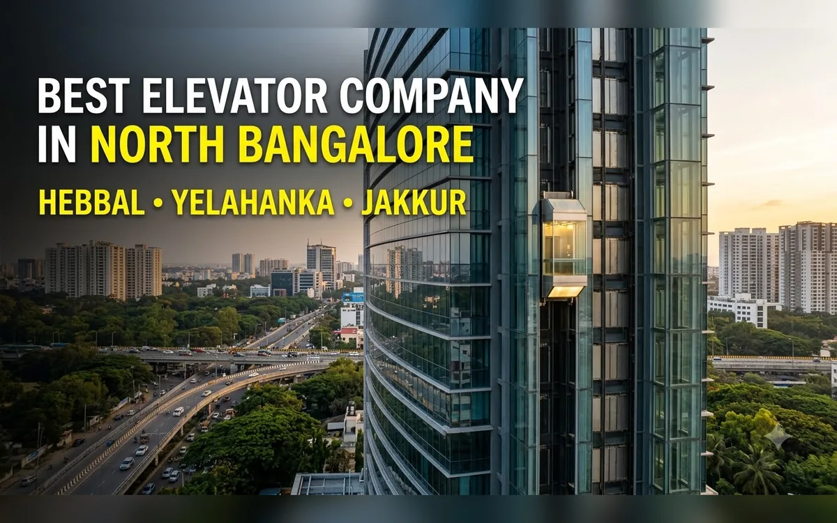Glass tower with an external lift overlooking a highway and apartments in North Bangalore