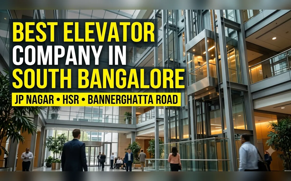 Atrium with glass lifts and indoor plants in a South Bangalore commercial building