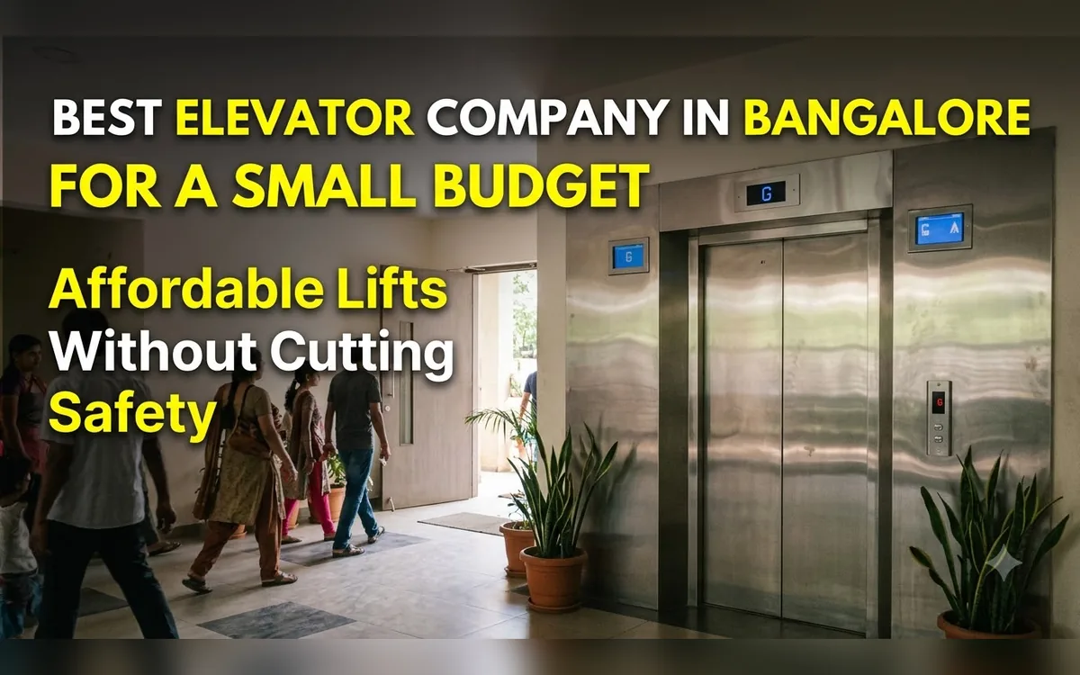 Commuters walking past a stainless steel lift with a plant beside it in a Bangalore building entrance
