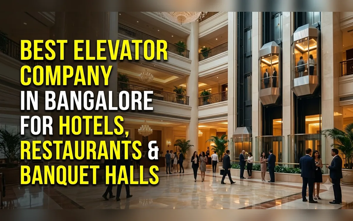 Luxury hotel atrium with glass capsule lifts and guests walking in a Bangalore lobby