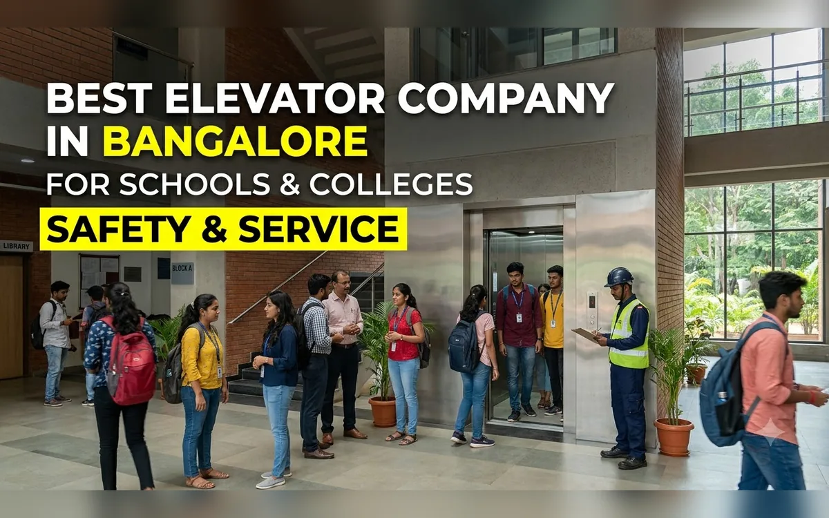 Students and staff gathered around a lift with a technician in a Bangalore college building