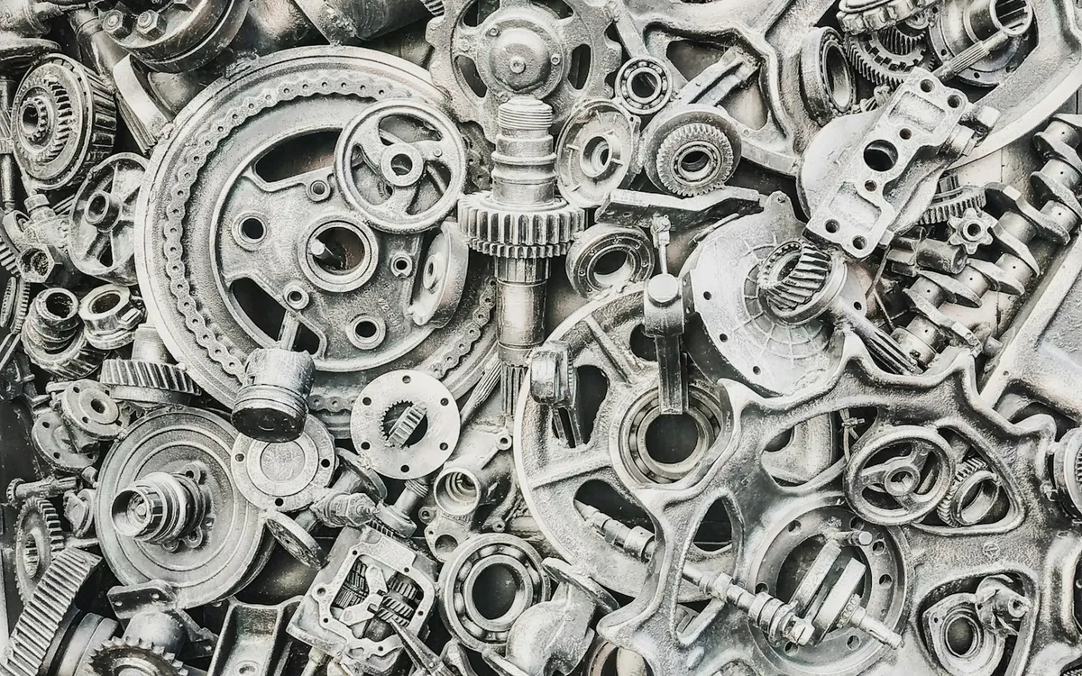 Close-up of metal gears and mechanical machine parts