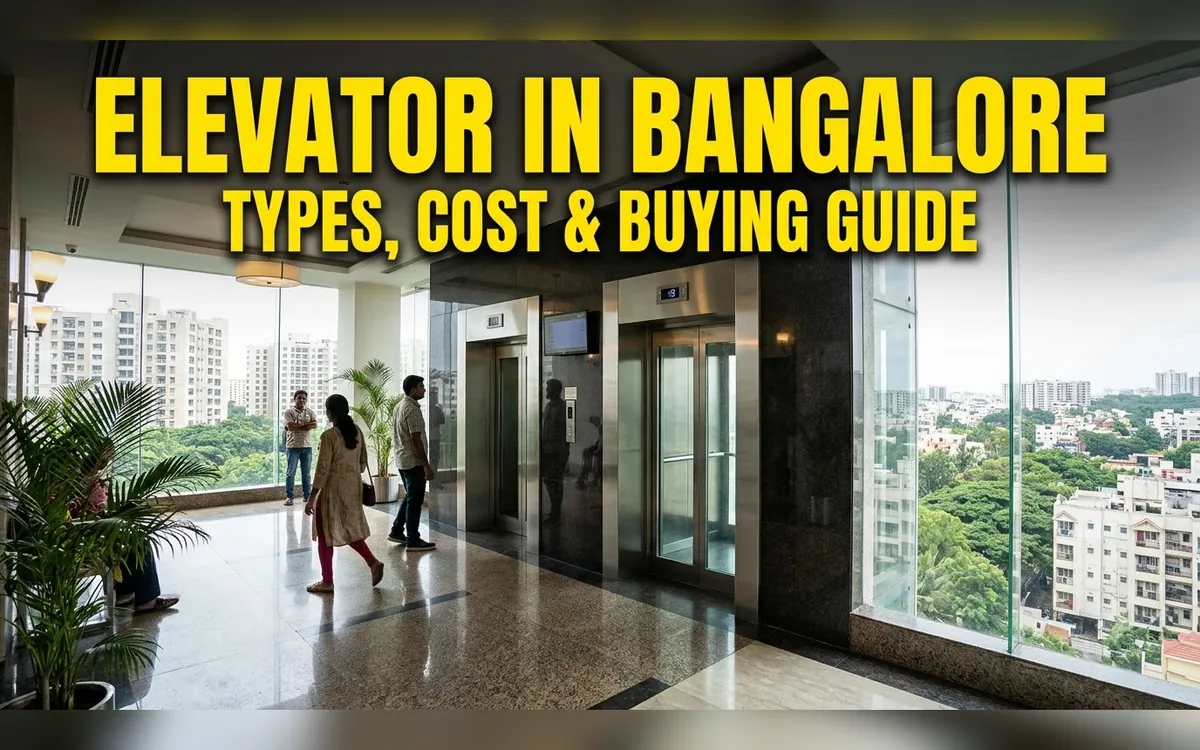 Residents walking past glass lifts in a Bangalore apartment lobby with city views