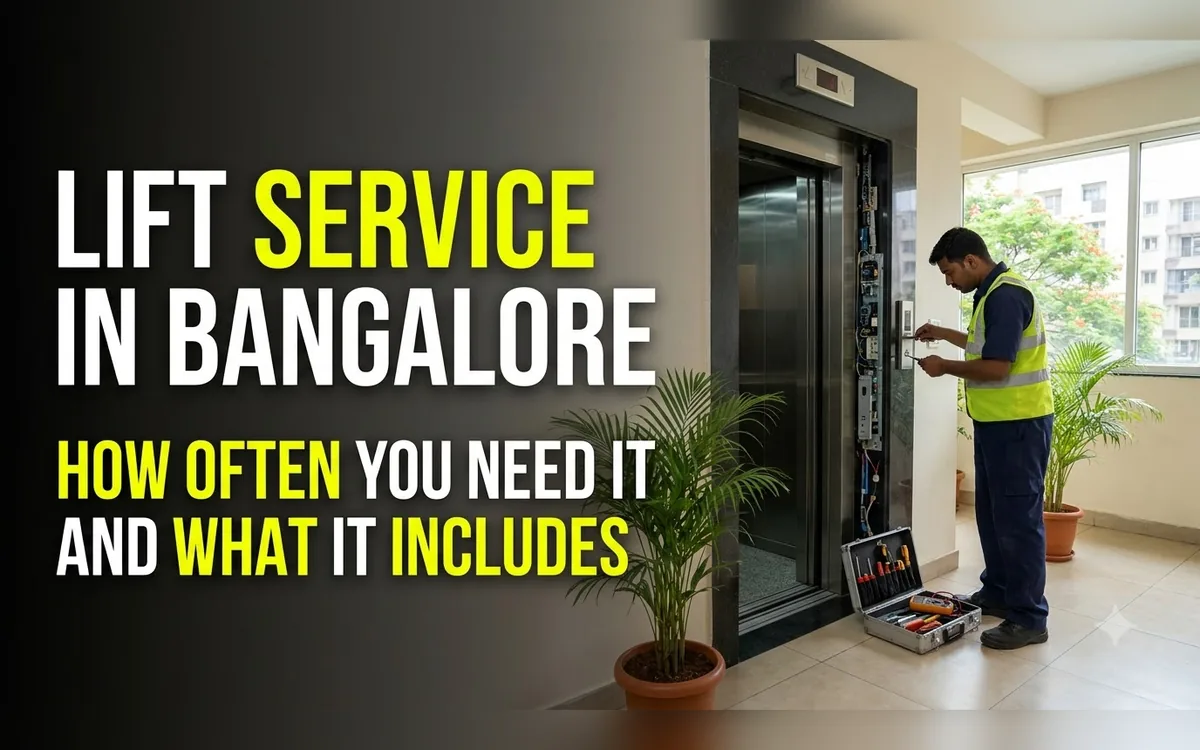 A technician inspecting a lift control panel in a bright Bangalore lobby