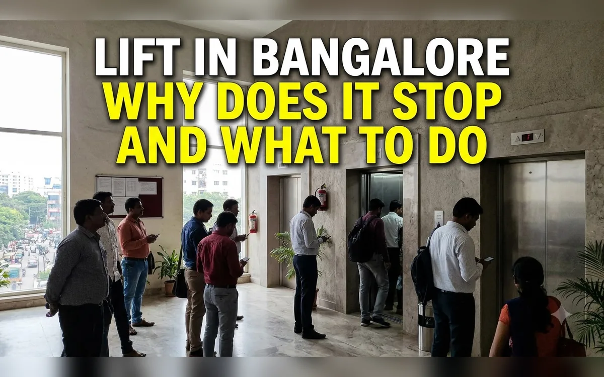 Residents waiting at lift doors in a Bangalore building lobby with a notice board