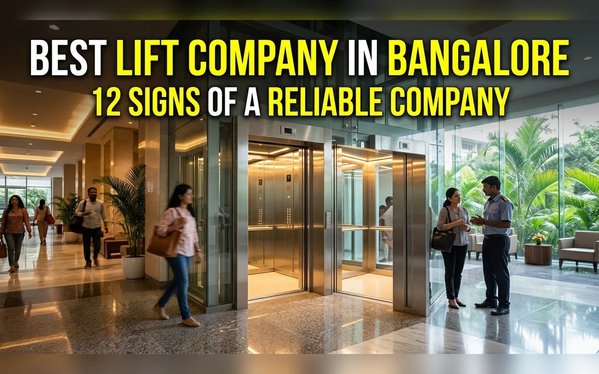 Residents and a technician talking in front of stainless steel lifts in a Bangalore lobby