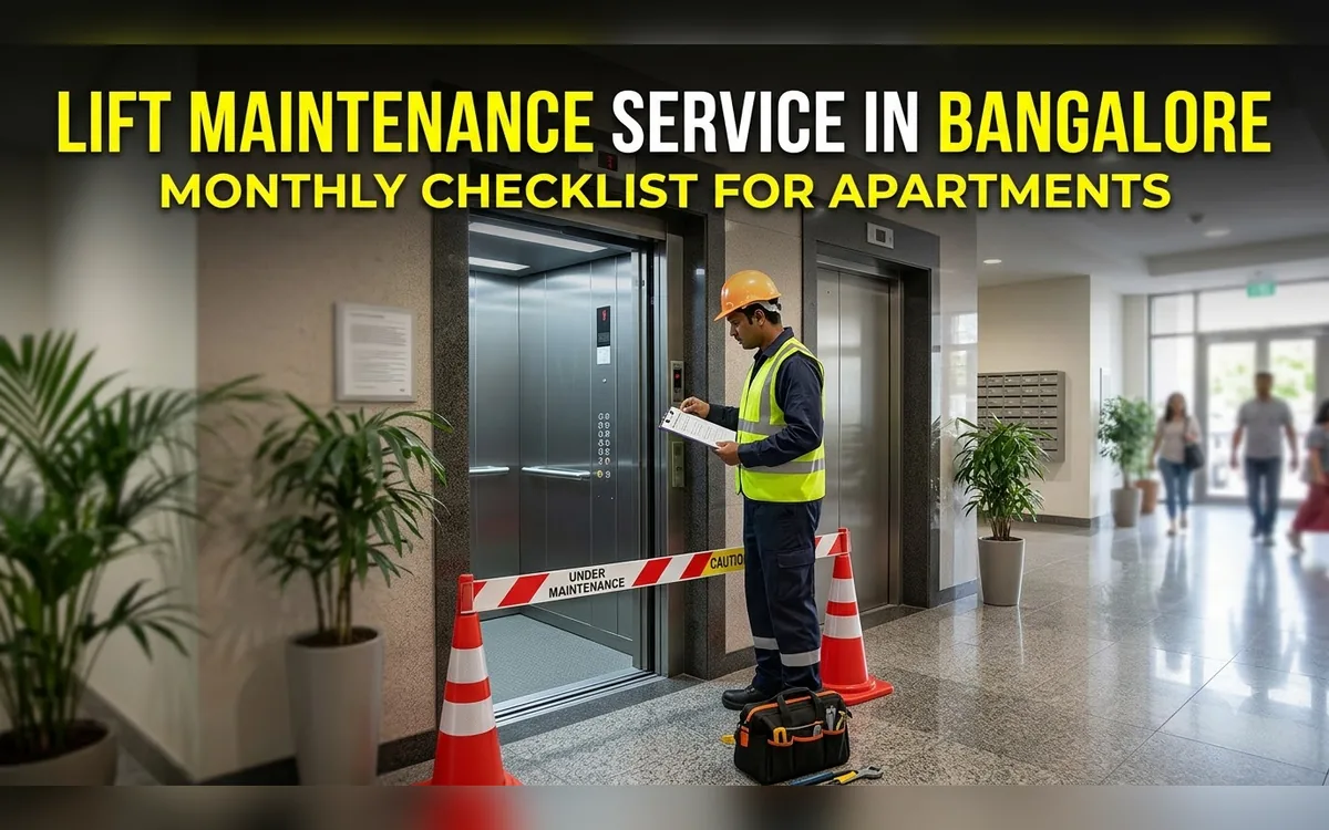 A technician with a clipboard beside a lift under maintenance in a Bangalore apartment lobby