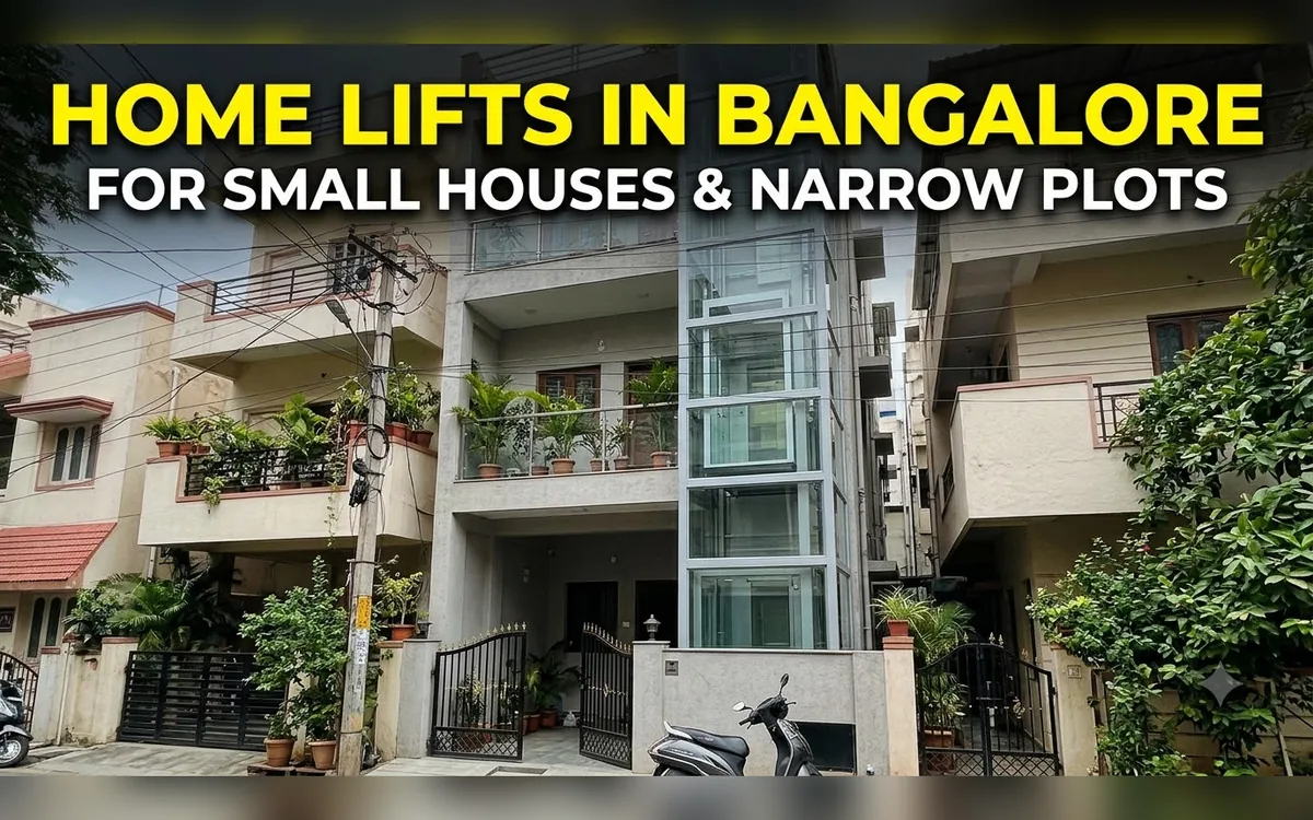 Narrow Bangalore house with a glass lift shaft rising beside balconies and neighbouring homes