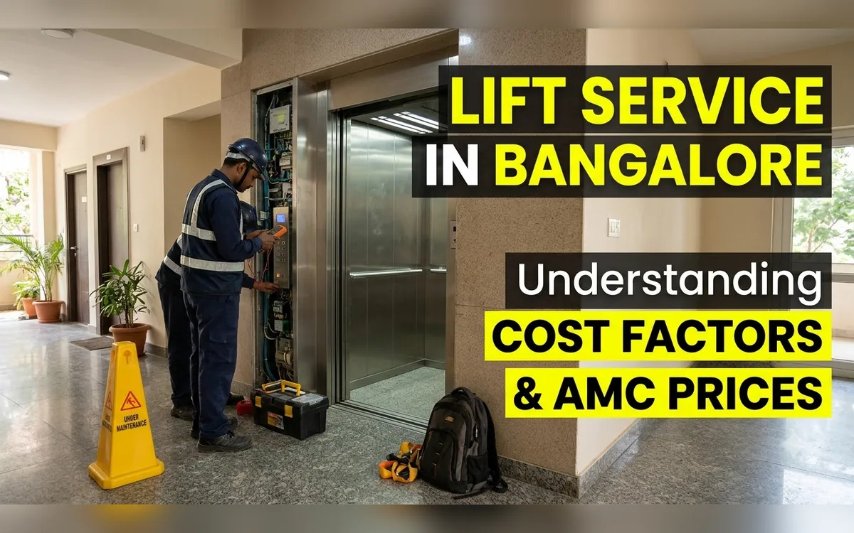 Technician testing electrical equipment beside a lift with a caution sign in a Bangalore building
