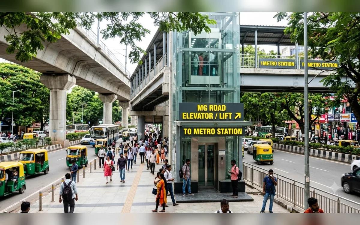 Glass elevator beside the MG Road metro station walkway with pedestrians and auto rickshaws