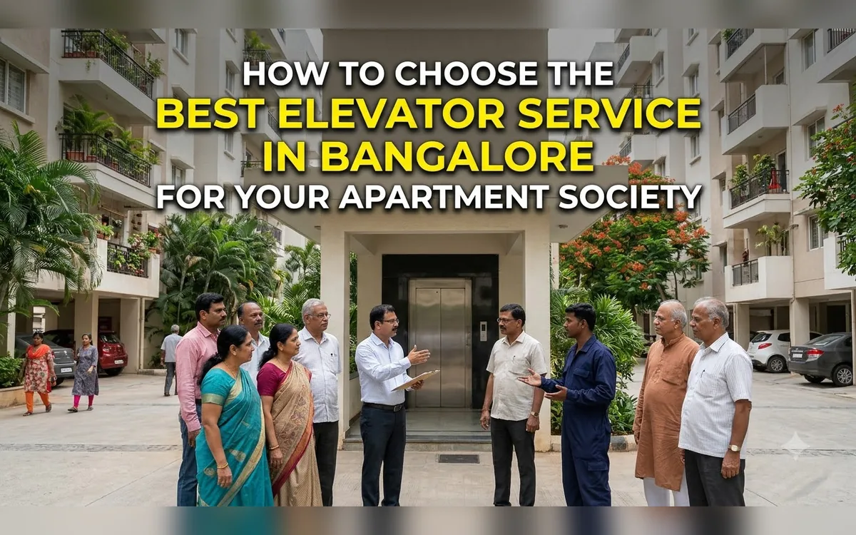Apartment society committee and a lift technician discussing elevator service in a Bangalore building