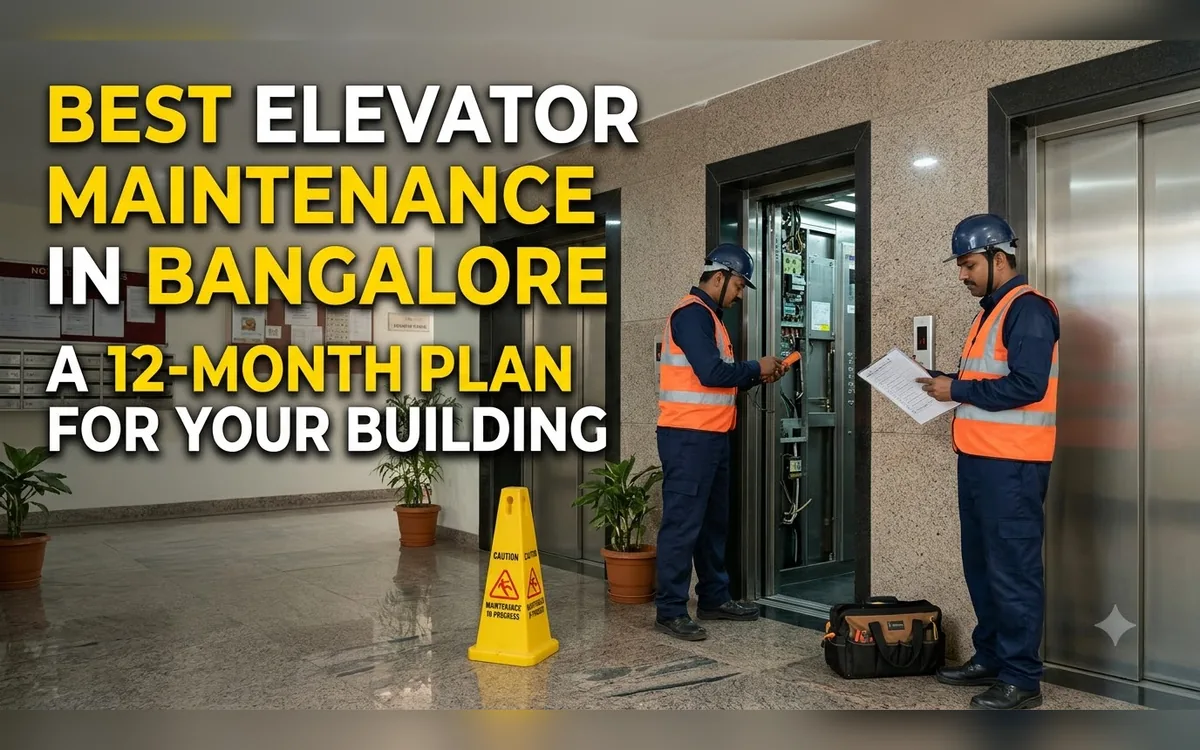 Twelve month elevator maintenance plan chart beside a lift in a Bangalore building