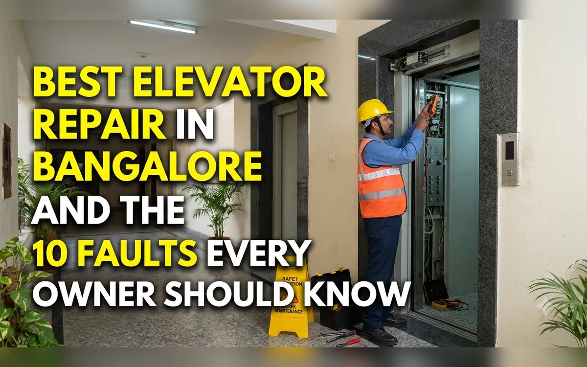 Elevator repair technician inspecting a lift door fault in a Bangalore building