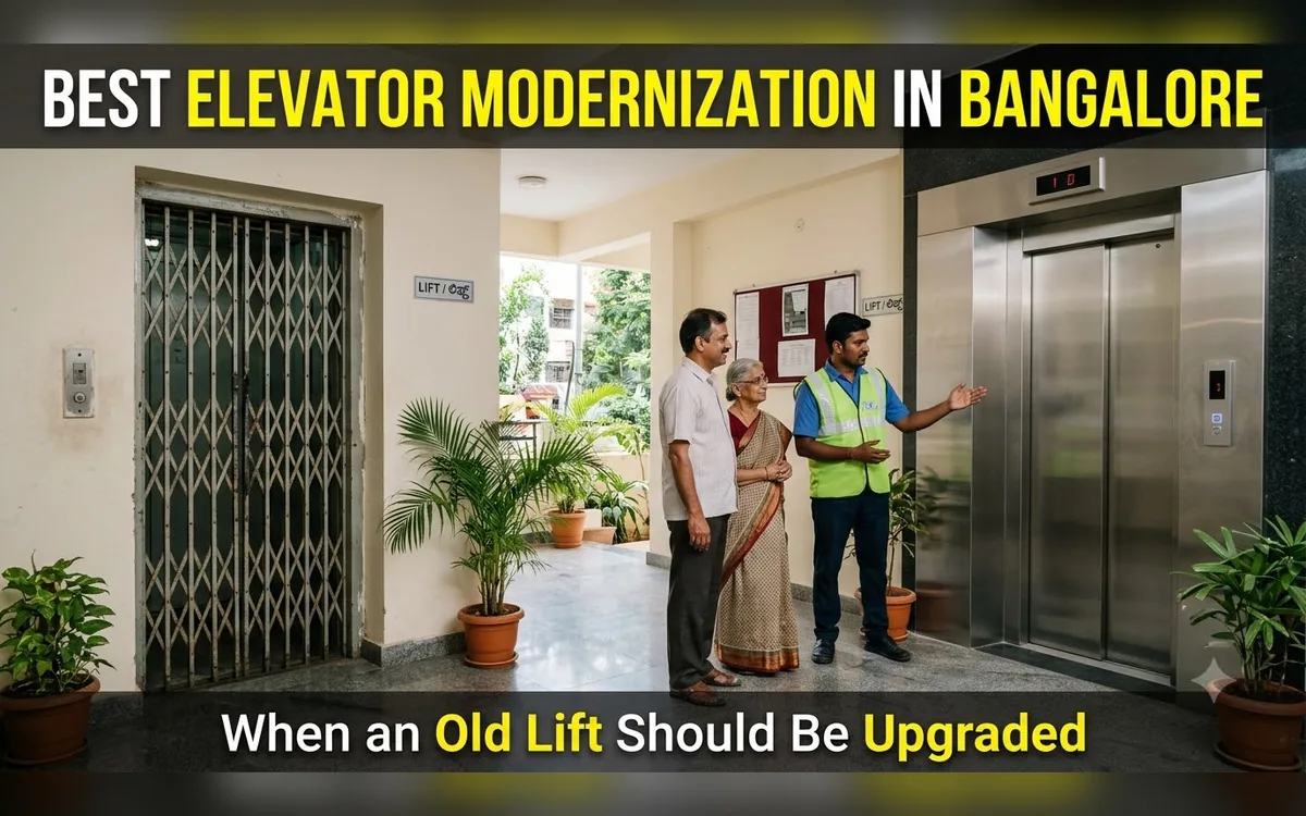 Old elevator being modernized with a new control panel and doors in a Bangalore building
