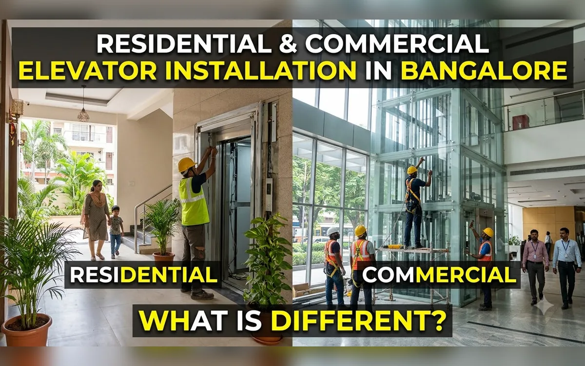 Home elevator in a Bangalore house beside a commercial office elevator for comparison