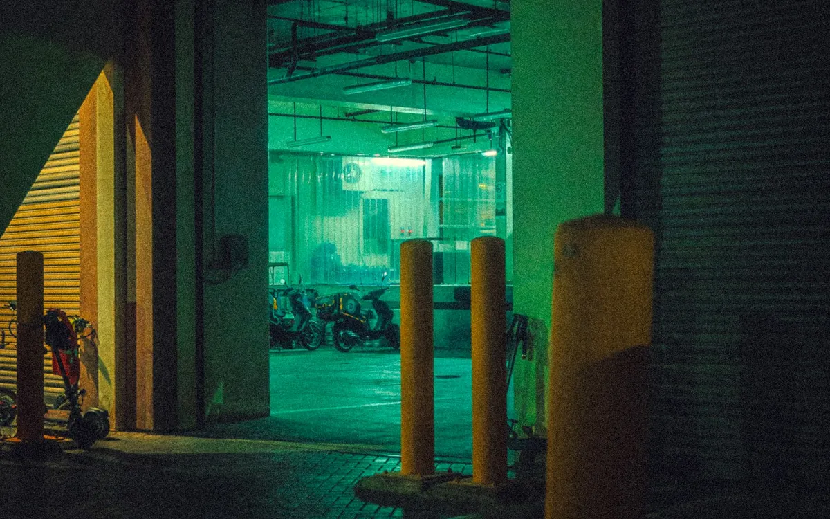 Well-lit multi-level parking garage at night