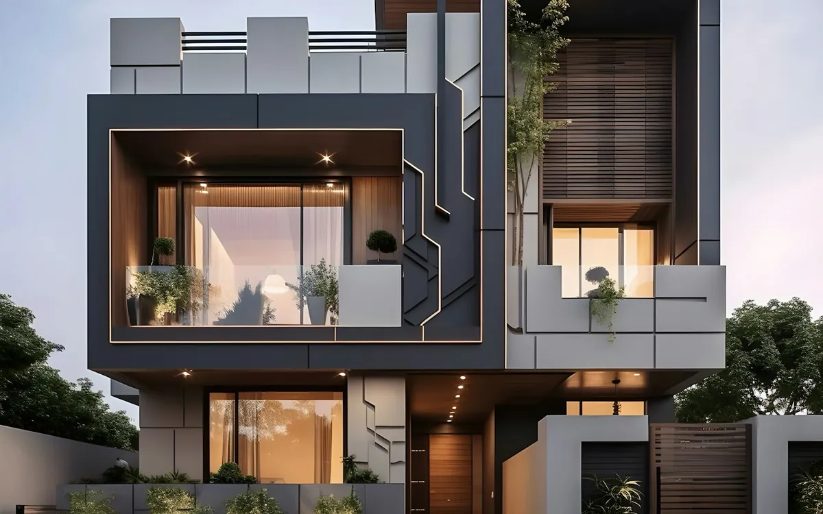 Modern two-storey house with large windows and balconies at dusk