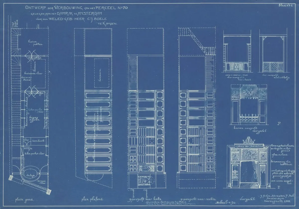 Old architectural plan of a narrow multi-storey building on blue paper