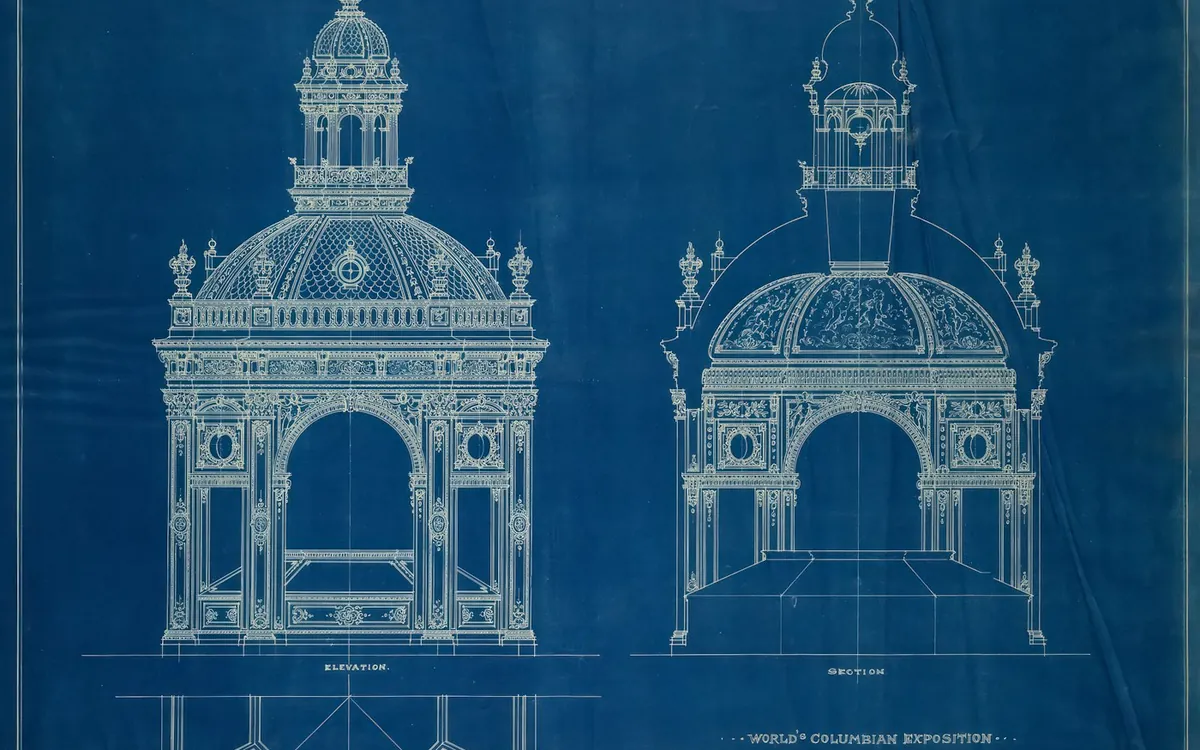 Blueprint of an ornate domed pavilion with elevation and plan drawings