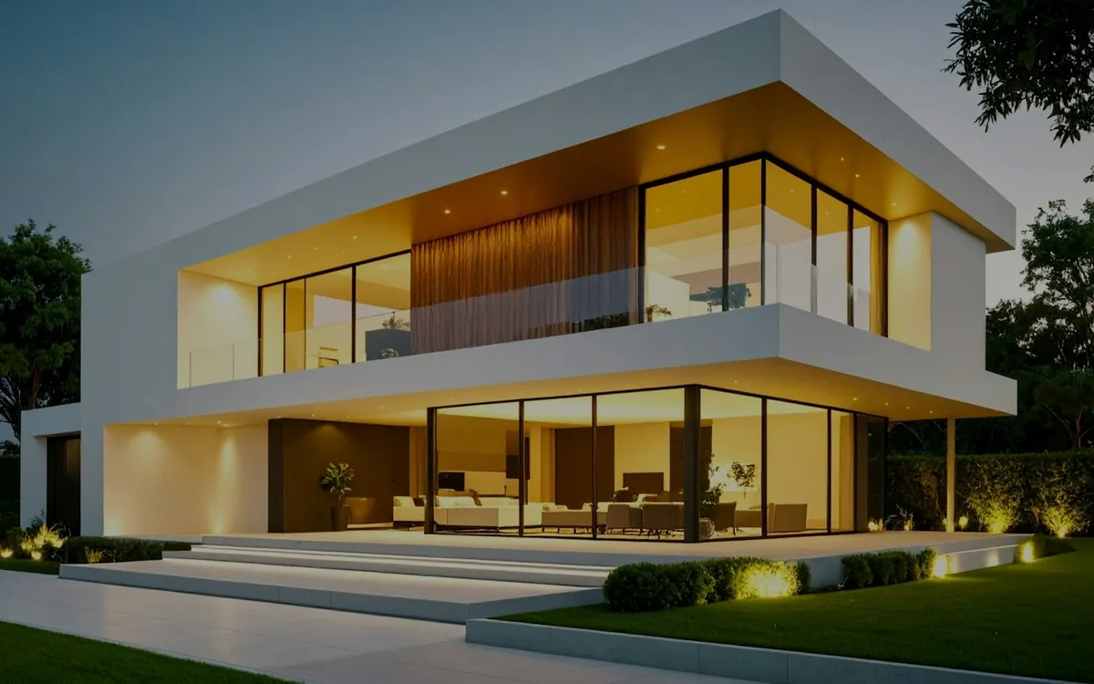 Modern house with glowing glass walls and a cantilevered white upper floor at night