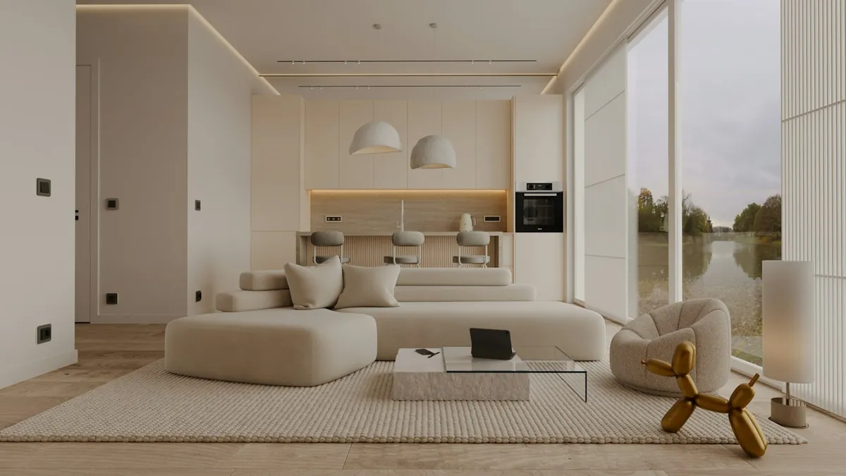 Calm modern living room with soft furnishings and large windows