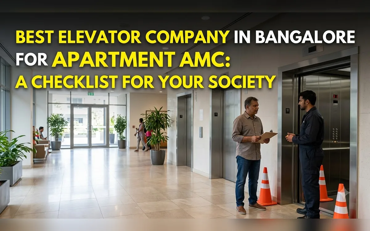 Society committee member and a lift technician discussing an AMC checklist in front of a lift