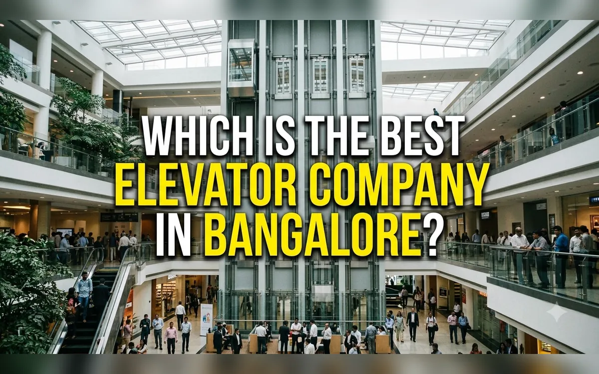 Banner asking which is the best elevator company in Bangalore above a busy mall atrium