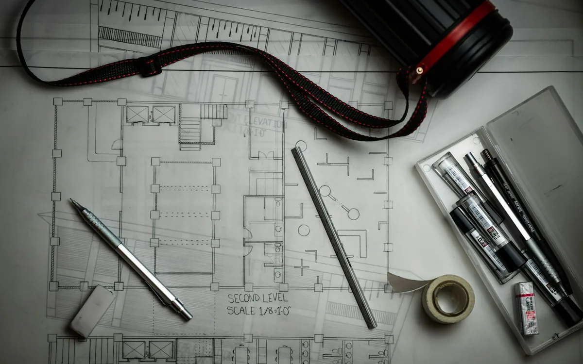 Architectural blueprints with drafting pencils and a ruler on a desk
