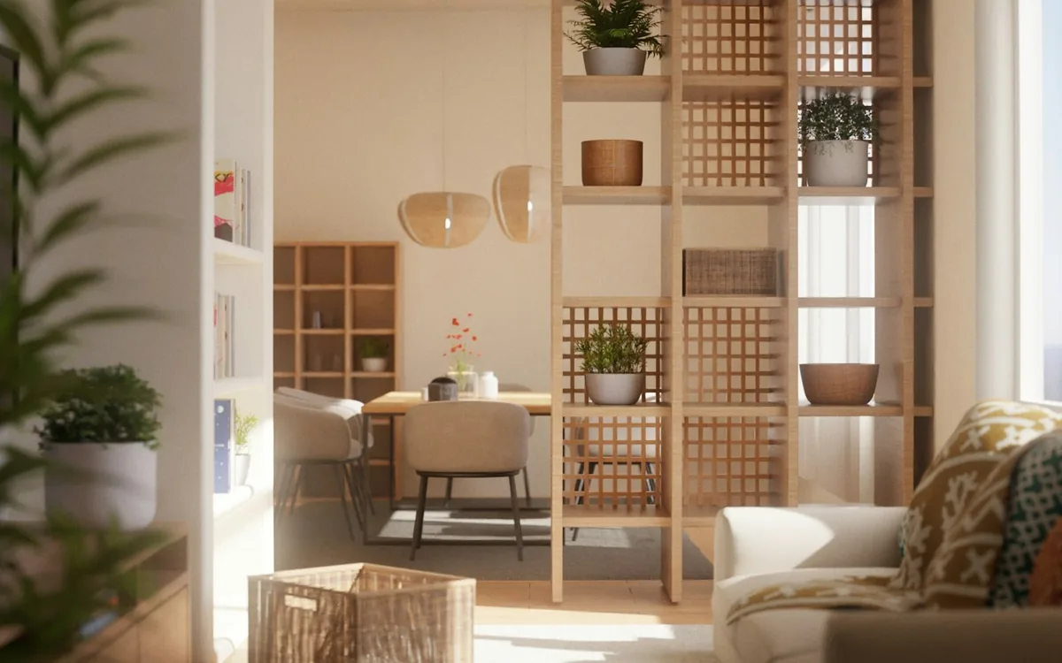 Bright modern living room with wooden shelves and natural light