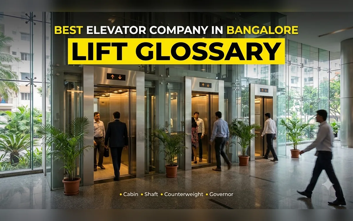 Passengers walking past stainless steel lift doors in a bright Bangalore building lobby with plants
