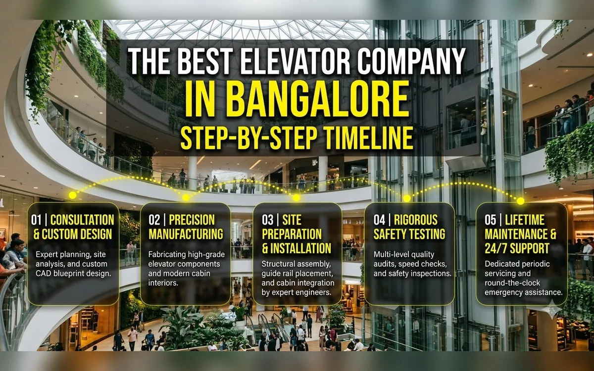 Multi-level Bangalore mall atrium with glass lifts and a five-step timeline overlay