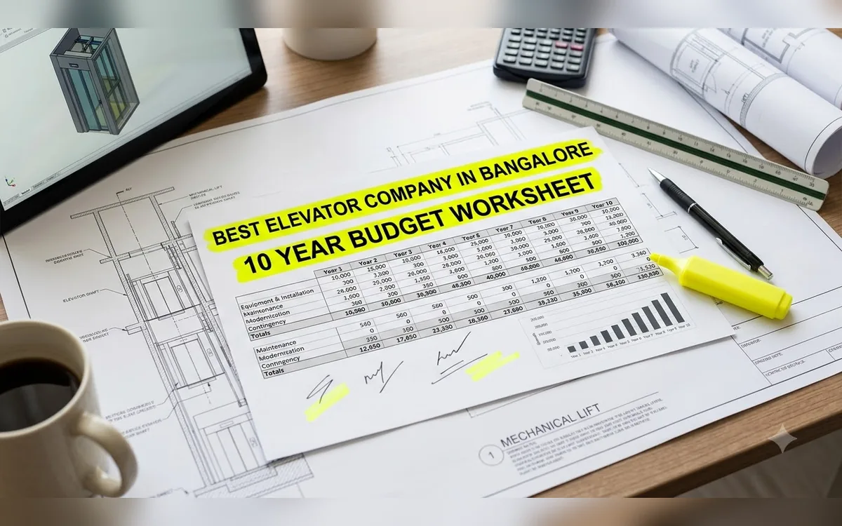 A ten year lift budget worksheet on a desk with plans, a calculator and a highlighter