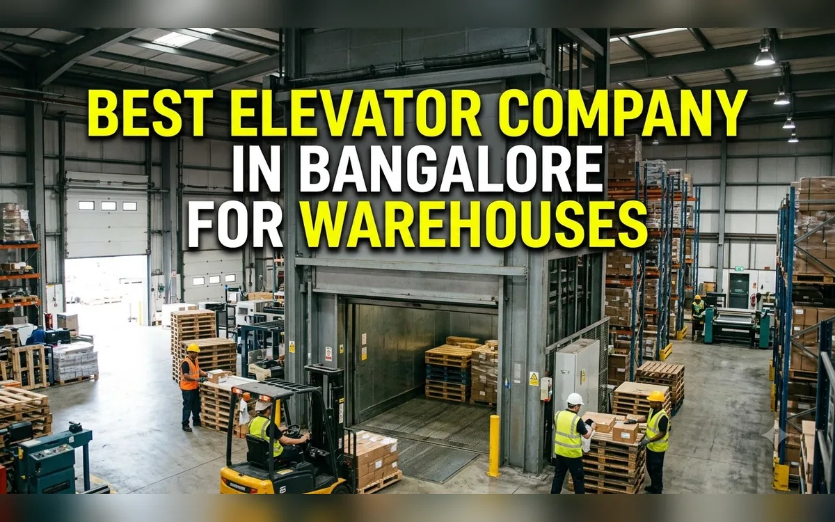 Warehouse with pallets, forklift and a large freight lift opening onto the loading floor