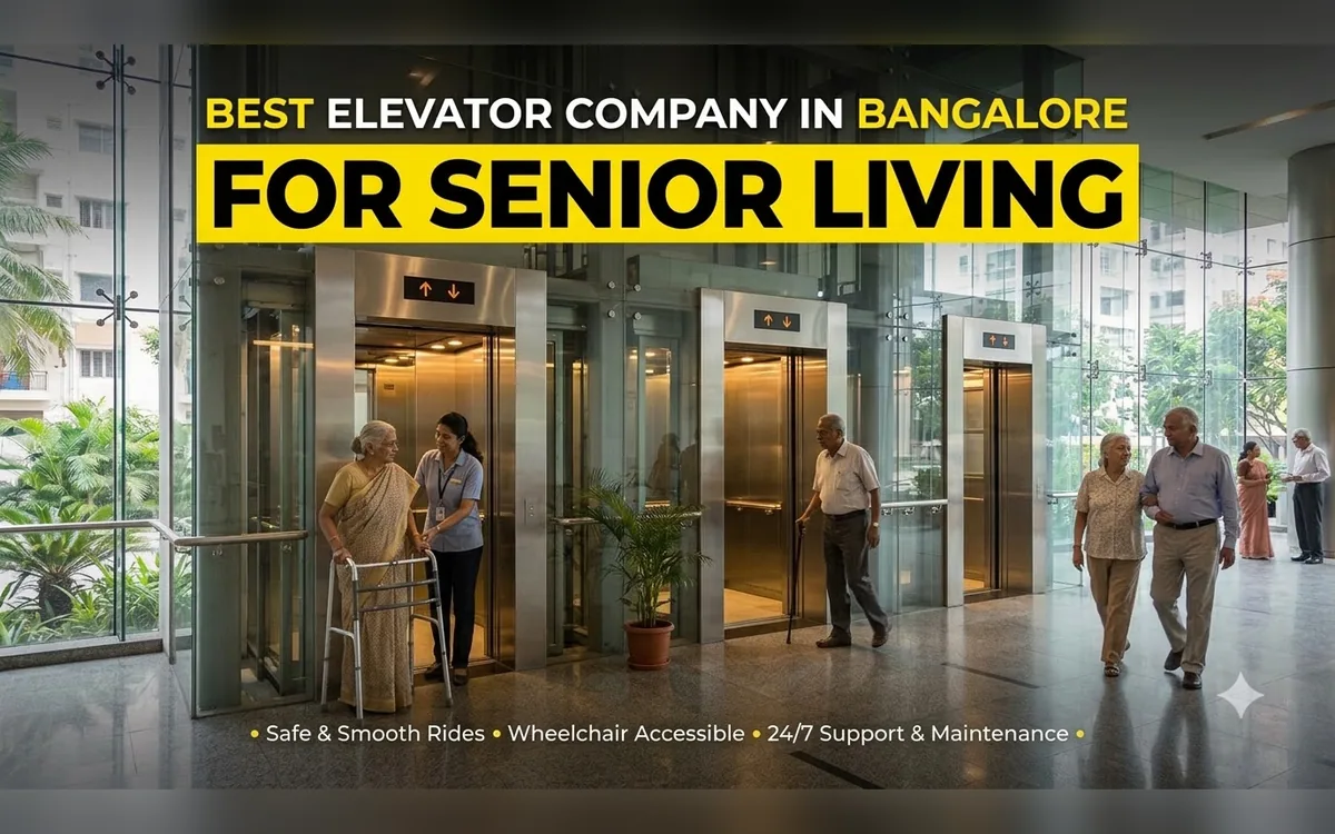 Elderly residents with a caregiver using a walker at wide lift doors in a bright Bangalore building