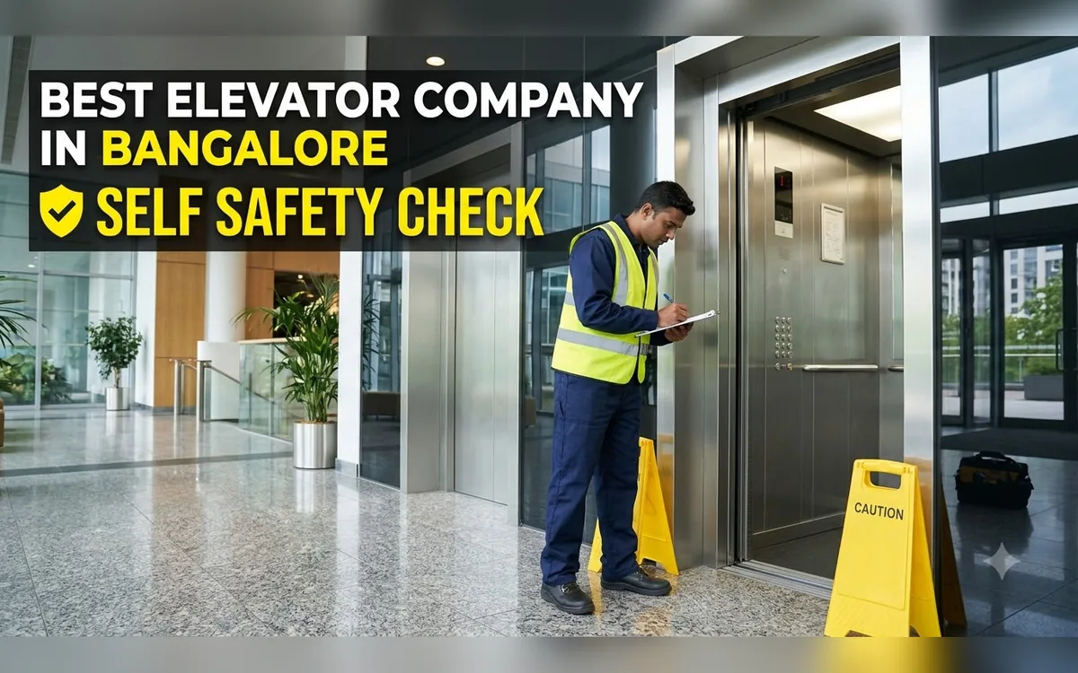 Technician in a safety vest checking a lift entrance with a caution sign in a Bangalore lobby