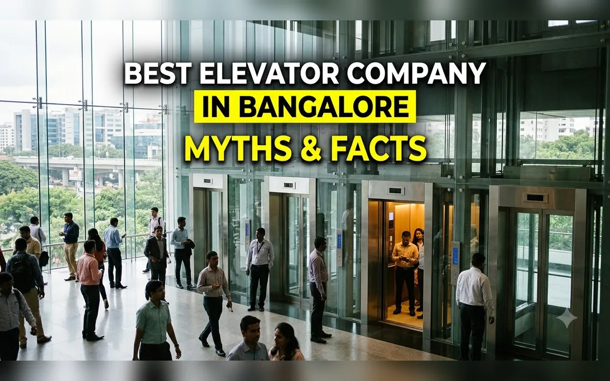 Busy glass-walled atrium in Bangalore with many people and glass lifts