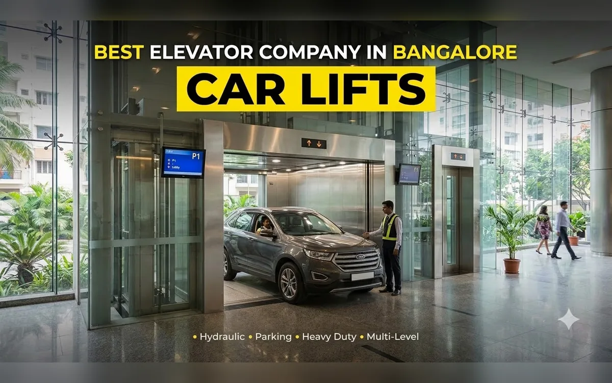 A car on a heavy-duty car lift platform at a parking level in a Bangalore building