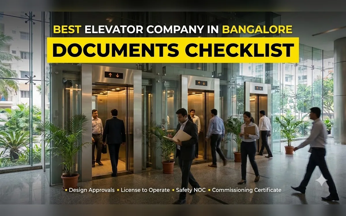 Professionals walking through a Bangalore lift lobby with documents listed on the banner